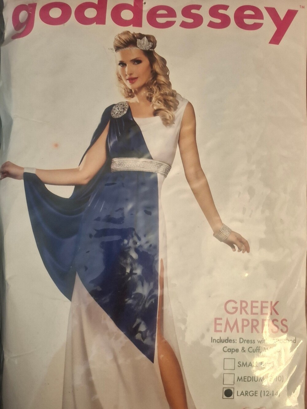 Goddess White and Navy Blue Maxi Dress with Draped Cape